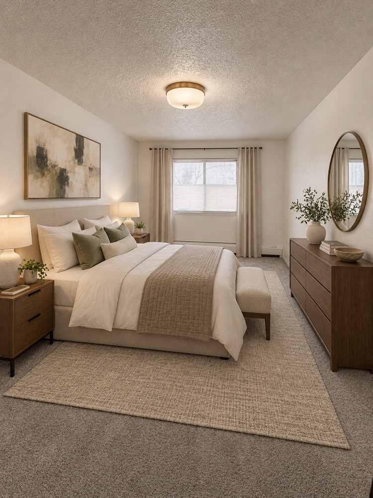 A bedroom with a window, dresser and mirror